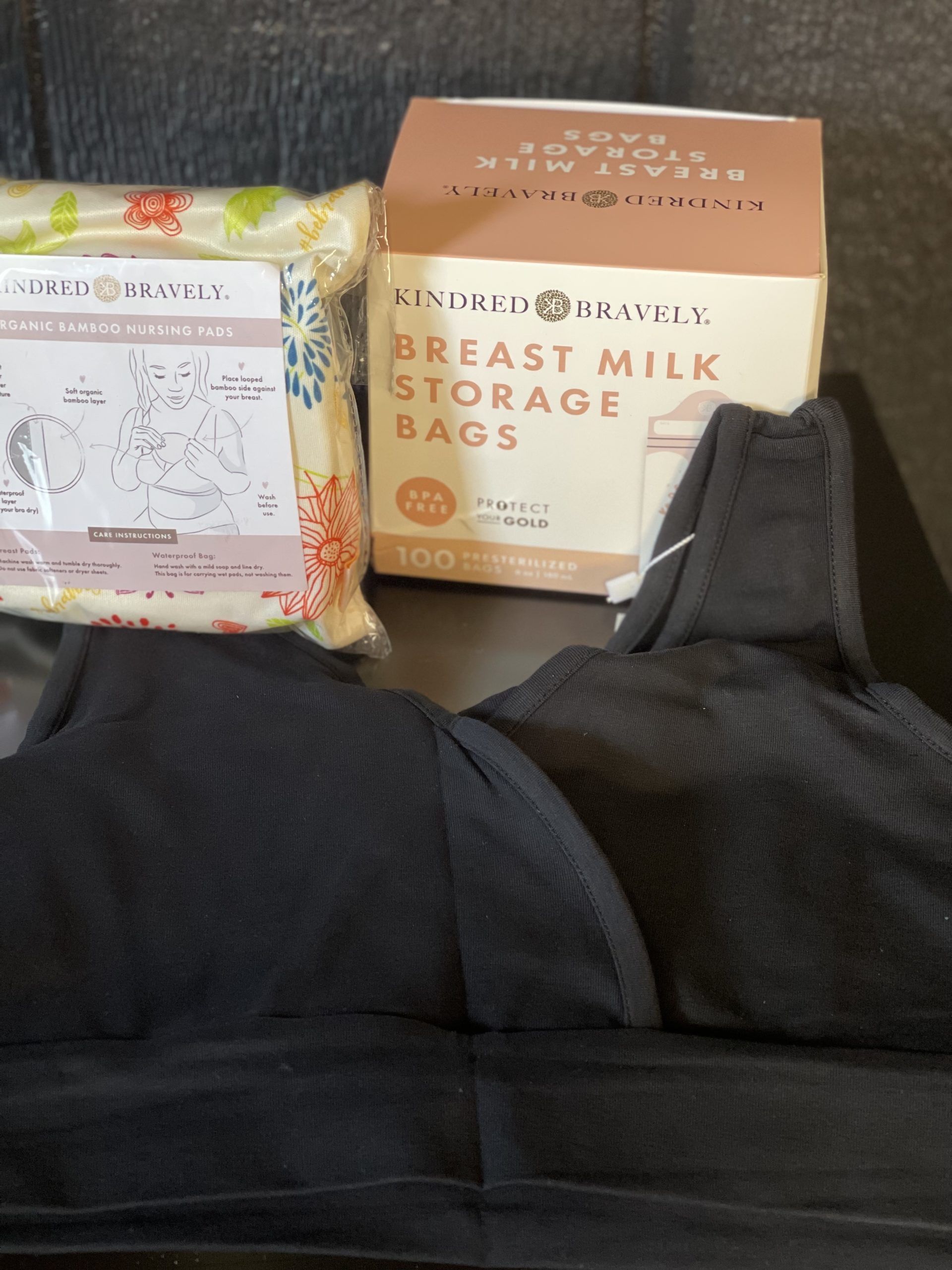 Kindred Bravely bra, breast pads, and milk storage bags